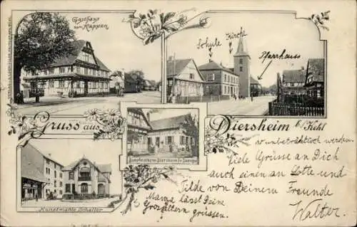 Ak Diersheim Rheinau in Baden, Gasthaus zum Rappen, Kirche, Schule, Pfarrhaus, Kunstmühle