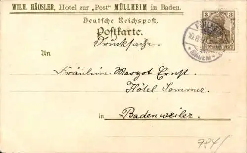 Litho Müllheim im Kreis Breisgau Hochschwarzwald, Hotel Post, Joh. Peter Hebel, Wein, Tracht