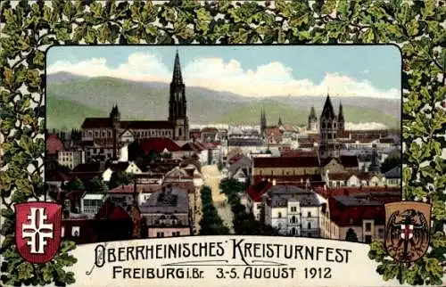 Passepartout Ak Freiburg im Breisgau, Oberrheinisches Kreisturnfest 1912, Stadtansicht