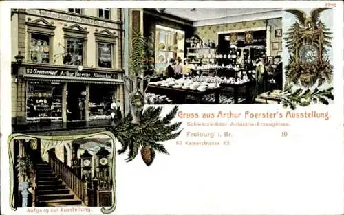 Ak Freiburg im Breisgau, Arthur Foersters Ausstellung, Kaiserstraße 63, Schwarzwalduhr