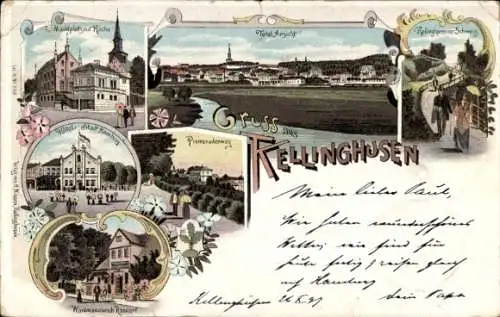 Litho Kellinghusen in Holstein, Hotel Stadt Hamburg, Waidmannsruh Rosdorf, Marktplatz, Kirche