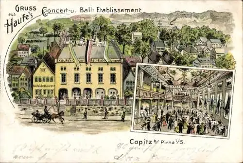 Litho Copitz Pirna in Sachsen, Haufe's Konzert- und Ball-Etablissement, Saal