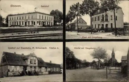 Ak Glöwen Plattenburg in der Prignitz, Bahnhof, Kirche, Post, Gasthof zur Eisenbahn