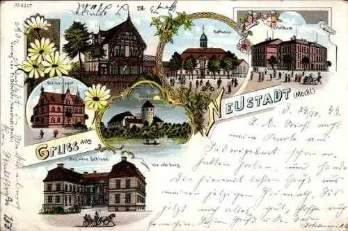 Litho Neustadt Glewe in Mecklenburg, Schloss, Rathaus, alte Burg