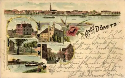 Litho Dömitz an der Elbe Mecklenburg, Bahnhof, Marktplatz, Elbbrücke, Friedrich Franz Straße