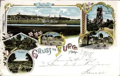 Litho Burg in Dithmarschen, Apotheke, Kirche, Kaiser Wilhelm Kanal, Aussichtsturm