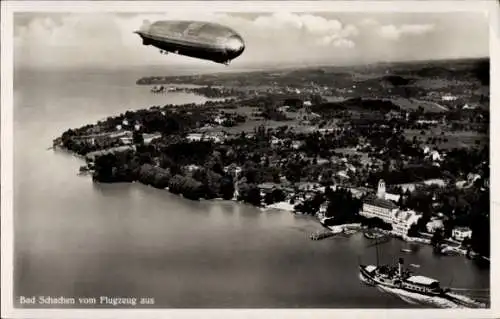 Ak Bad Schachen Lindau am Bodensee Schwaben, Fliegeraufnahme, Luftschiff, Zeppelin