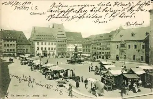 Ak Freiberg in Sachsen,  Obermarkt mit Marktständen und Brunnen