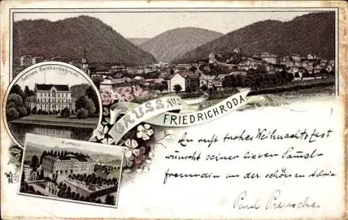 Litho Friedrichroda im Thüringer Wald, Gesamtansicht, Kurhaus, Schloss Reinhardsbrunn