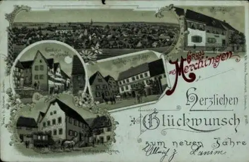 Mondschein Litho Merchingen Ravenstein in Baden, Glückwunsch Neujahr, Panorama, Apotheke