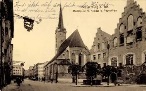 Ak Wasserburg am Inn Oberbayern, Marienplatz m. Rathaus u. Frauenkirche