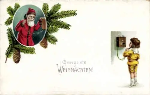 Ak Glückwunsch Weihnachten, Kind am Telefon, Weihnachtsmann