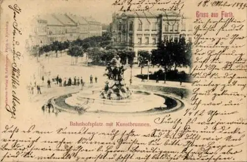 Ak Fürth in Mittelfranken Bayern, Bahnhofsplatz, Kunstbrunnen