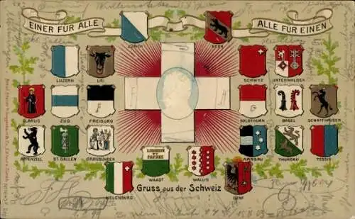 Präge Wappen Litho Schweiz, Einer für Alle, Alle für Einen, Kantone