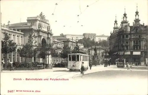 Ak Zürich Stadt Schweiz, Bahnhofplatz und Polytechnikum, Straßenbahn