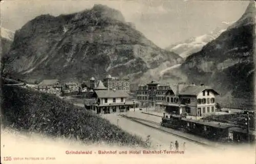 Ak Grindelwald Kanton Bern, Bahnhof und Hotel Bahnhof-Terminus