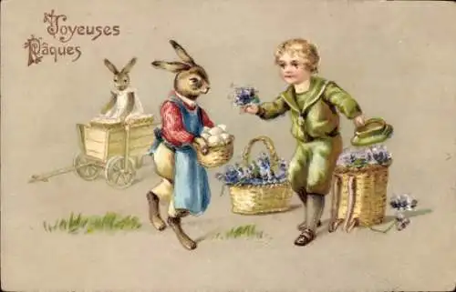 Ak Glückwunsch Ostern, Junge mit Osterhasen, Blumenkörbe