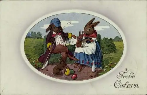 Passepartout Ak Frohe Ostern, Osterhasenfamilie