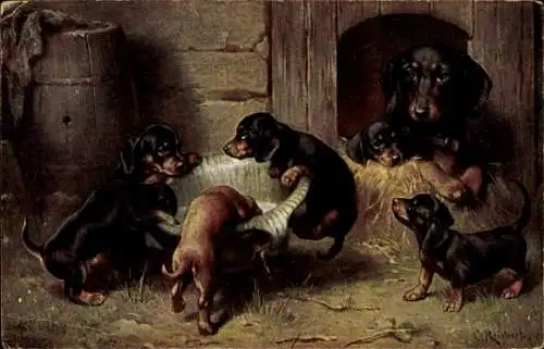 Künstler Ak Reichert, C., Dackel, Mutter mit Welpen, Hundehütte