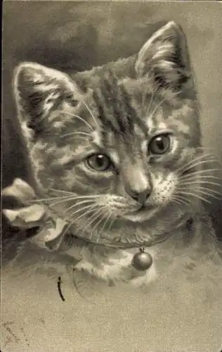 Präge Litho Katzenportrait, Katze mit Glocke um den Hals, Glitzer