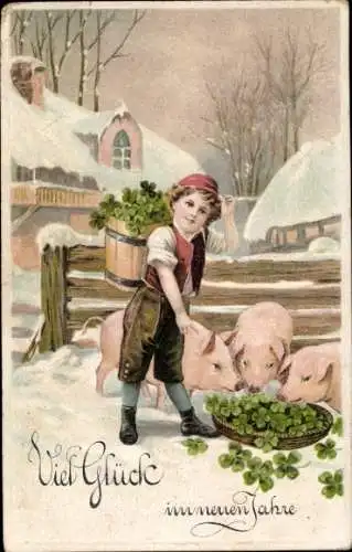 Präge Litho Glückwunsch Neujahr, Junge mit Kleeblättern, Schweine, Rückentrage