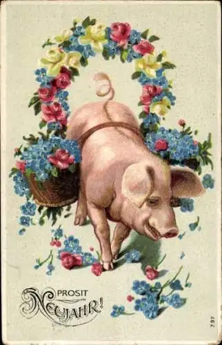 Ak Glückwunsch Neujahr, Schwein, Blumen, Vergissmeinnicht