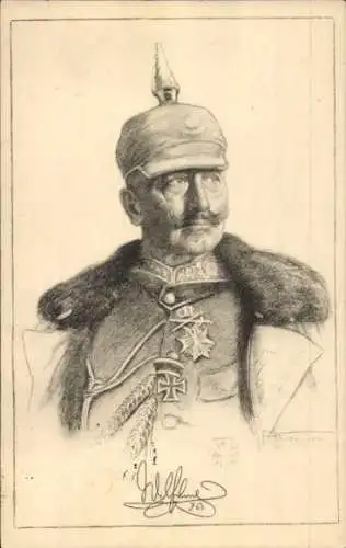 Künstler Ak Kaiser Wilhelm II., Portrait, Pickelhaube, Wohlfahrt der Frauenhilde