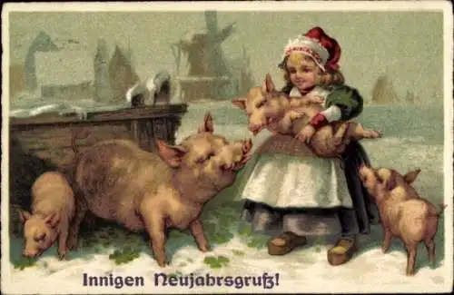 Litho Glückwunsch Neujahr, Mädchen mit Schweinen, Windmühle