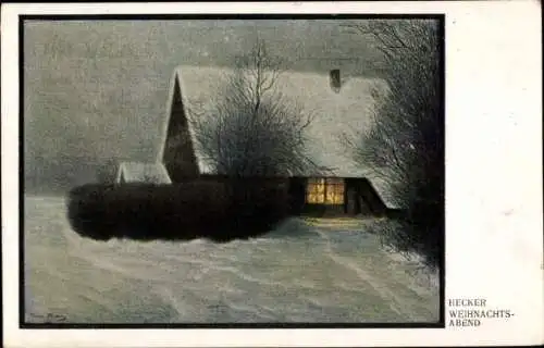 Künstler Ak Hecker, Glückwunsch Weihnachten, Weihnachtsabend, Winterlandschaft mit Haus