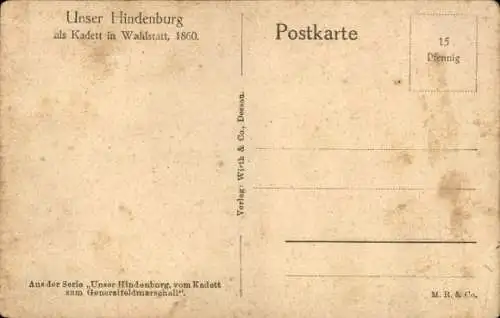 Ak Generalfeldmarschall Paul von Hindenburg, Portrait als Kadett in Wahlstatt 1860