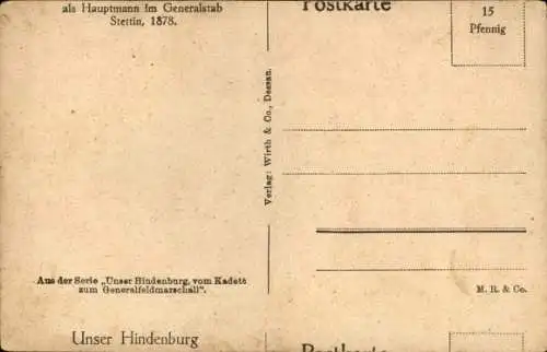 Ak Generalfeldmarschall Paul von Hindenburg, Standportrait, Hauptmann im Generalstab Stettin 1878