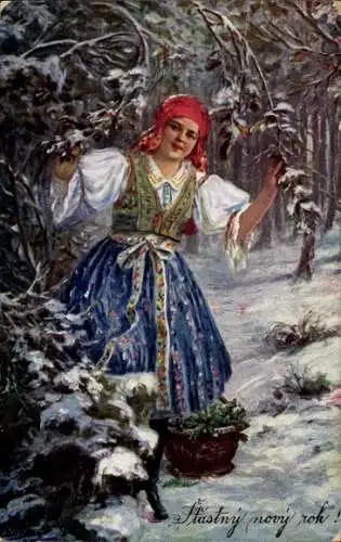 Künstler Ak Glückwunsch Weihnachten, Frau in tschechischer Tracht