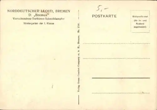 Ak Vierschrauben Turbinen Schnelldampfer Bremen, Norddeutscher Lloyd Bremen, Wintergarten I. Kl.