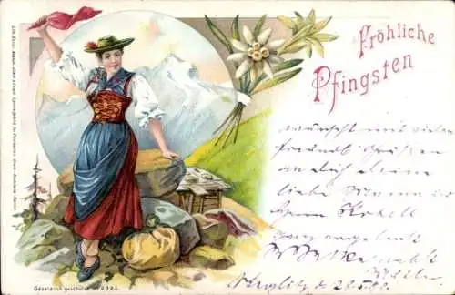 Litho Frau in bayrischer Tracht, Dirndl, Gebirge, Edelweiß