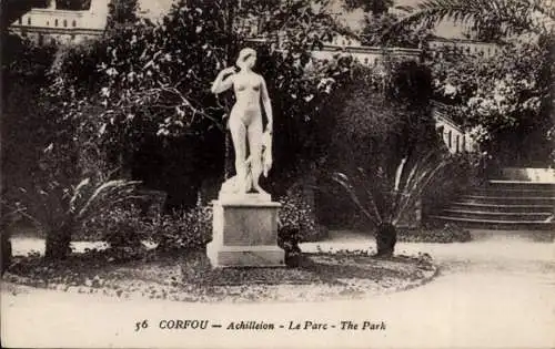 Ak Korfu Griechenland, Kaiserliche Villa Achilleion, Statue im Park