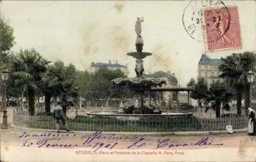 Ak Béziers Hérault, Place und Fontaine de la Citadelle M. Pons