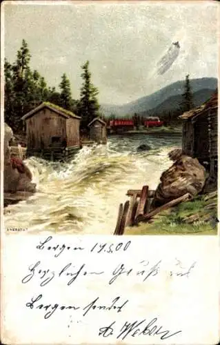 Künstler Litho Müller, Morten, Bergen Norwegen, Ortspartie, Fluss