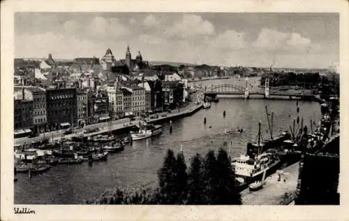 Ak Szczecin Stettin Pommern, Vogelschau auf die Stadt, Fluss, Brücke