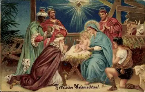 Ak Bethlehem Palästina, Weihnachtskrippe mit Maria, Josef, dem Jesuskind, Ochs und Esel. Drei ...