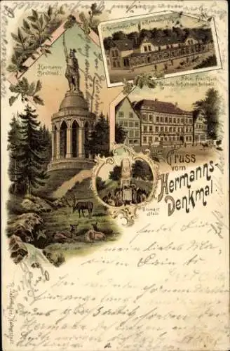 Litho Detmold in Nordrhein Westfalen, Hermannsdenkmal, Hotel Frankfurt, Reineckes Gasthof