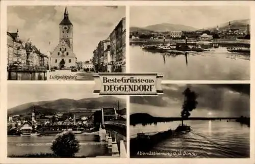 Ak Deggendorf im Bayerischen Wald Niederbayern, Luitpoldplatz, Abendstimmung, Donau, Brücke