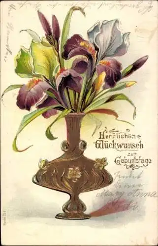 Präge Litho Glückwunsch Geburtstag, Blumenvase, Schwertlilien, Iris