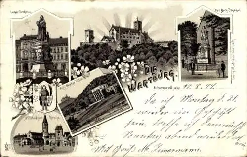 Litho Lutherstadt Eisenach in Thüringen, Wartburg, Bach Denkmal, Firtz Reuter Villa