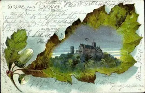 Eichenblatt Litho Eisenach, Wartburg, Bäume, Mond