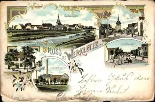 Litho Halle an der Saale, Werkleitz, Dampfziegelei, Dorfstraße, Kirche