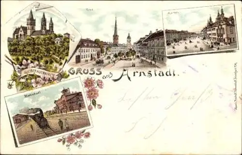 Litho Arnstadt in Thüringen, Ried, Markt, Bahnhof, Gleisseite, Liebfrauenkirche