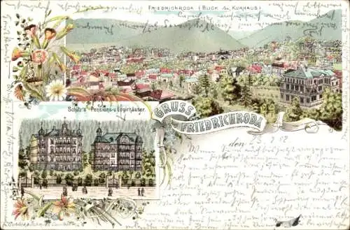 Litho Friedrichroda im Thüringer Wald, Gesamtansicht, Schütz's Pensions- und Logierhäuser