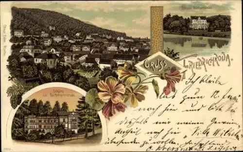 Litho Friedrichroda im Thüringer Wald, Gesamtansicht, Büchig-Promenade, Schloss Reinhardsbrunn