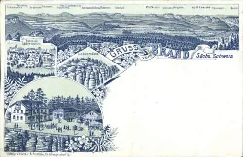 Litho Hohnstein Sächsische Schweiz, Brand, Bärengarten, Gesamtansicht, Hafersäcke