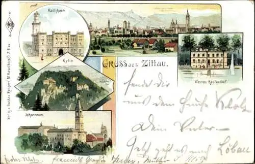 Litho Zittau in der Oberlausitz, Rathaus, Berg Oybin, Weinau Restaurant, Johanneum